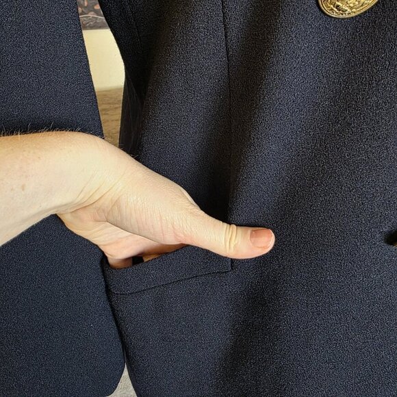 Linda Allard Ellen Tracy Blazer Women’s 8 Navy Wool Double Breasted Gold - Picture 11 of 16